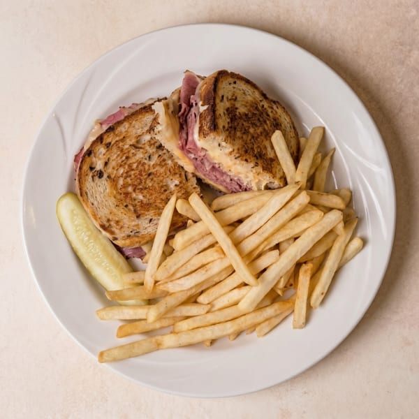 A grilled pastrami and cheese sandwich, fries, and a pickle spear on a white plate.