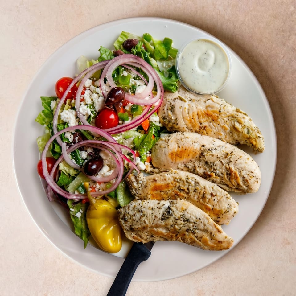 A plate of grilled chicken tenders with a side salad, feta, olives, red onion, and dressing.