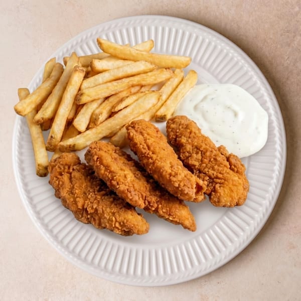 Crispy fried chicken tenders, golden french fries, and a side of creamy ranch dressing on a white plate.