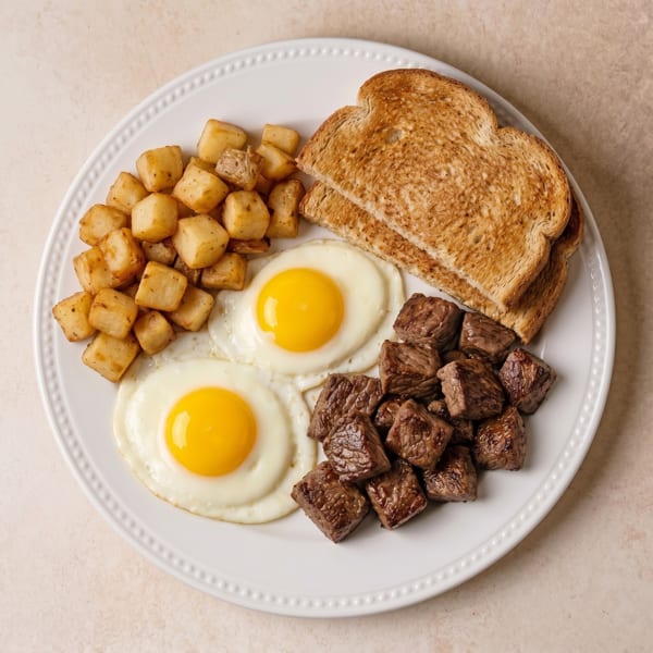 A breakfast plate with two fried eggs, cubed potatoes, steak bites, and two slices of toast.