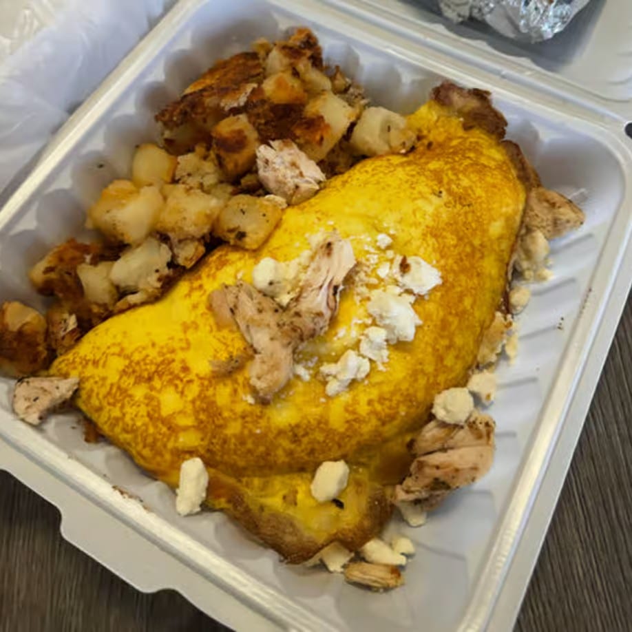 Chicken Souvlaki & Feta Omelette.